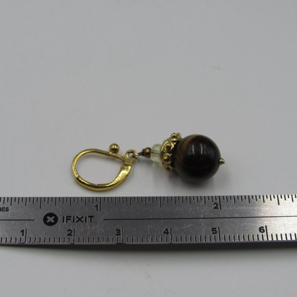 Gold Tone Brown Stone Dangle Earrings Vintage - Picture 3 of 4